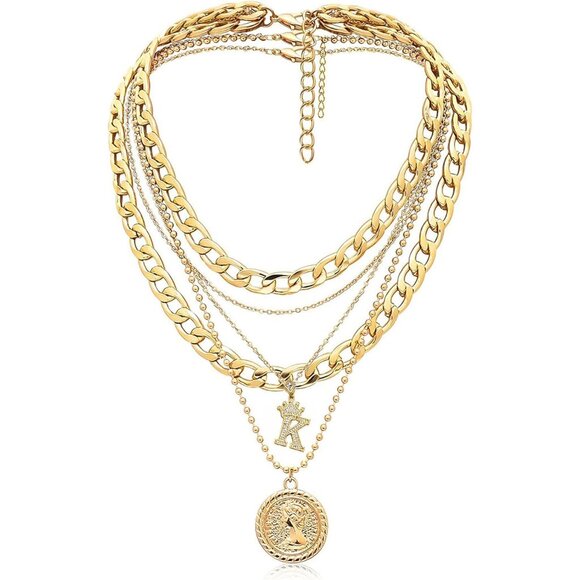 Jewelry - Layered Necklaces for Women Trendy Retro Coin Crown Letter Pendant Necklace Dain